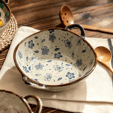 7.5 Inch Salad Bowls, 24 Oz Ceramic Serving Bowls with Handle, 1PC Japanese Irregular Shape Serving Colorful Bowl for Salad, Pasta,Soup,Ramen,Popcorn, Noodle,Gifts for Christmas,Oven Dishwasher Safe