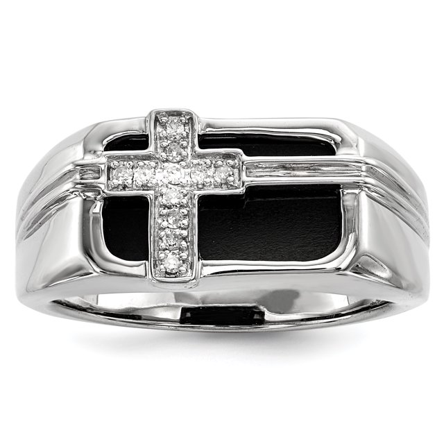 Sterling Silver Rhodium Plated Diamond Black Onyx Cross Men's Ring Size 11