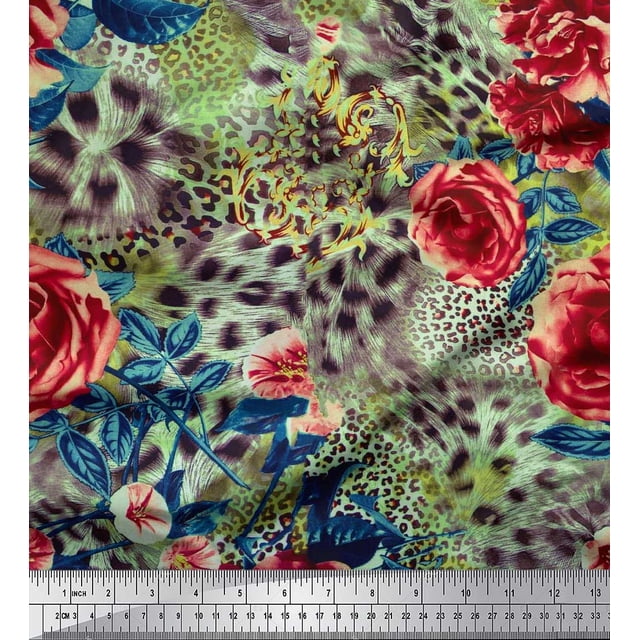 Soimoi Voile de Coton Rose Tissu Imprimé Peau de Léopard, Feuilles et Floral 1 Yard 56 Pouces de Large