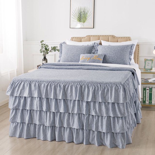 JML Ensemble de Couvre-Lit à Jupe à Volants 4 Pcs, Ensemble de Courtepointe Doux à Retombée de 30 Pouces, Grand Lit, Bleu Marine