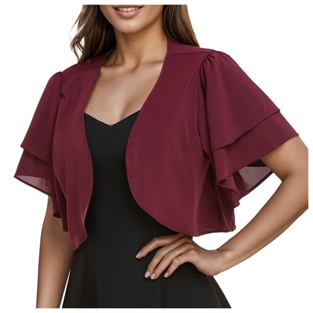Kcodviy Women Solid Short Sleeve Cardigan Plus Cropped Bolero Open Front Long Length Sweaters for Women Chiffon Cardigan