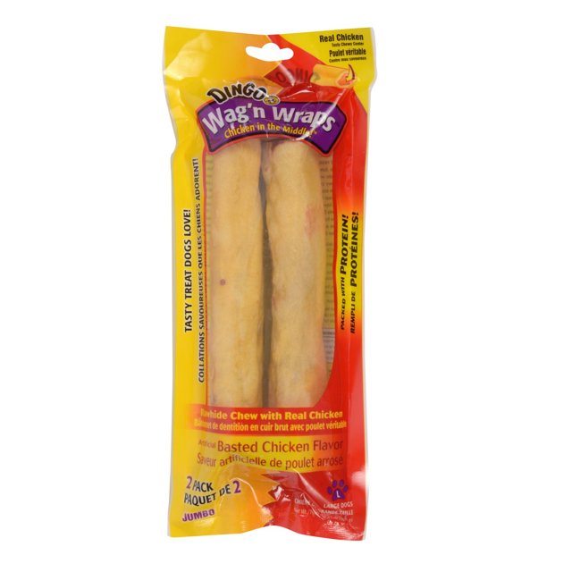 Dingo Jumbo Wagn Wrap two-pack of hand-tied rawhide dog chews wrapped with real chicken and basted with chicken flavor, protein-rich treats designed for large dogs in yellow and red packaging, suitable as a long-lasting chew to support dental health.