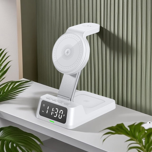 Chmadoxn Chargeur Sans Fil, Chargeur Portable Station de charge Sans Fil avec Réveil Numérique Station de charge pour Plusieurs Appareils Support de Chargeur Sans Fil 15W charge Sans Fil en Plastique pour IOS et Android