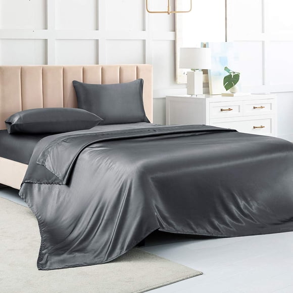 Satin Bed Sheets California King Size Sheets Set, Grey Silk Sheets, 4 - Pieces Soft Bedding Set with 1 Deep Pocket Fitted Sheet,1 Flat Sheet,2 Pillowcase