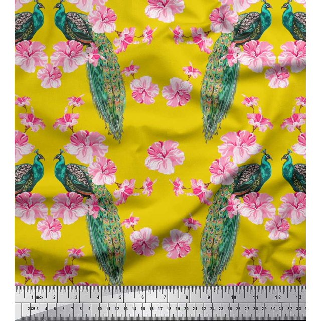 Soimoi Satin Silk Fabric Floral & Peacock Bird Print Sewing Fabric Yard 42 Inch Wide
