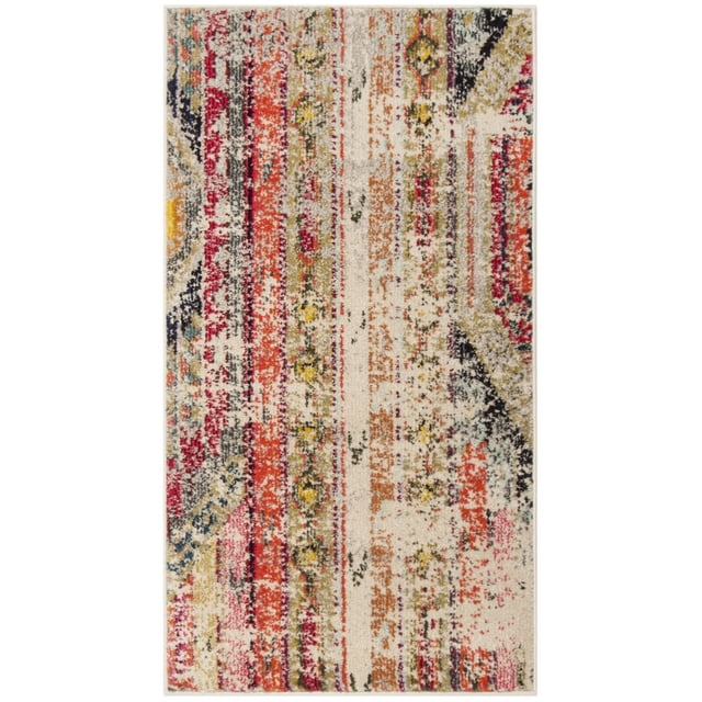 Safavieh Monaco Risto Tapis Abstrait en Polypropylène durable avec un Mélange de Poils à Boucles Hautes et Basses, Affichant un Motif Abstrait Bohème Chic de Rayures Verticales et de textures Usées en Rouge, orange, Jaune, Vert olive, Noir et Crème, Convient comme Tapis d'Accent pour Intérieurs de Maison.