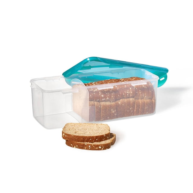 Starfrit LocknLock Bread Container, 169oz / 5L, clear BPA-free plastic with teal airtight lid and removable divider, holding sliced whole grain bread, designed to keep bread fresh longer, freezer and dishwasher safe, suitable for storing various bread types.