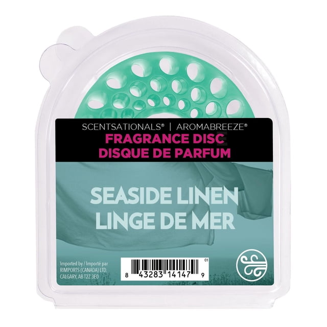 ScentSationals AromaBreeze Disque de Parfum en Lin de Bord de Mer, Présenté dans un Emballage en Plastique Transparent avec un Disque Vert Perforé, Conçu pour des Désodorisants Branchés Offrant un Parfum d'Intérieur Durable et Sans Chaleur Utilisant la Technologie Vortex.