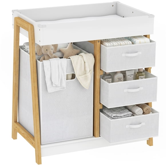 Qaba Baby Changing Table with Waterproof Pad, 3 Drawers and Large Basket