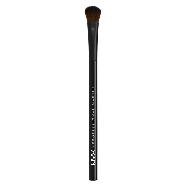 NYX Professional Makeup All Over Shadow Brush 12 with a black handle featuring white brand text and a medium rounded synthetic bristle head, designed for applying sheer or layered eyeshadow on the eyelid and suitable for blending.