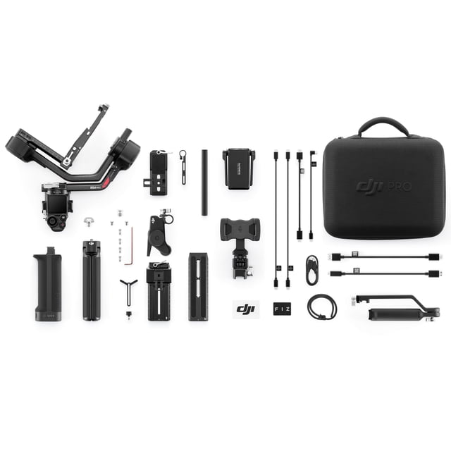DJI RS 4 Pro Combo featuring a grey DSLR and mirrorless camera gimbal with joystick mode switch, Teflon-coated axis arms, 3kg payload capacity, battery grip, multiple mounting plates, tripod stand, USB-C and HDMI cables, and a black DJI PRO carrying case, ideal for professional camera stabilization and versatile shooting.