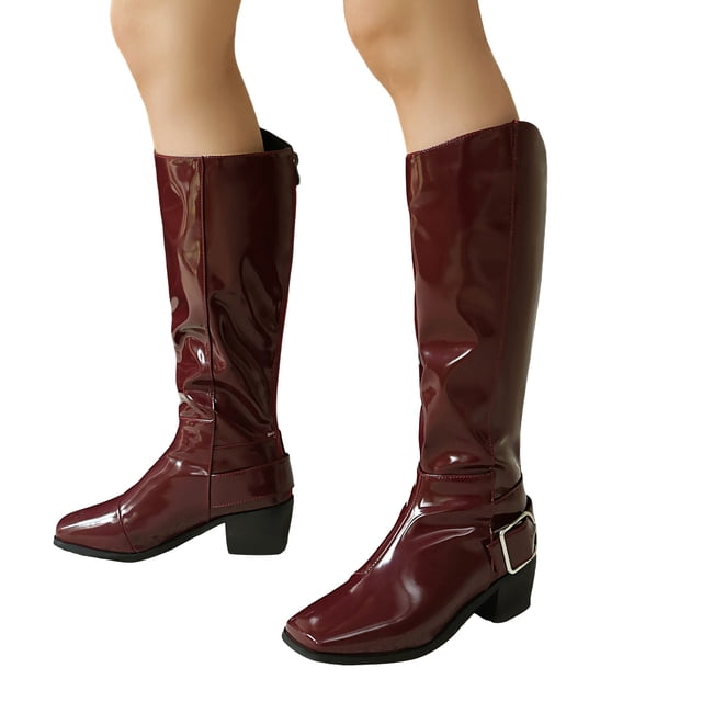 Dakaela Women's Knee High Boots Square Toe Buckle Motorcycle Riding Boots Comfortable Pull on Fall Winter Party Dress Shoes