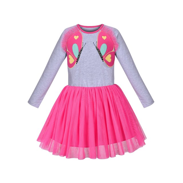 Robe Fille Butterfly Manches Longues Jupe en Tulle Rose 8 Ans