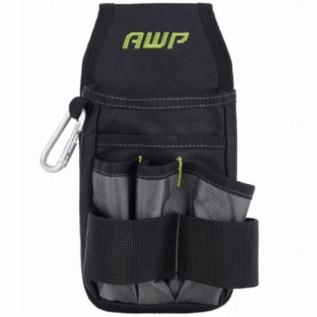 AWP 100884 Organizer Tool Pouch made of water-resistant polyester in black and gray. Features 7 pockets and loops for tool organization, a carabiner snap hook for small tools or keys, and a metal belt clip and tunnel loop for attachment to tool belts. Compact and durable design for efficient tool storage.