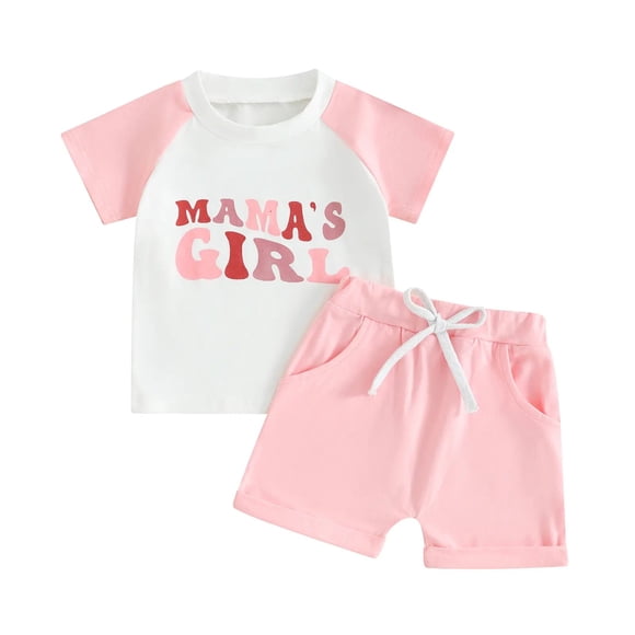 Splozh Little Girls Summer Outfits Baby Girl Comfortable and Breathable Set Cute Letter Printed Short Sleeve Shorts Two Piece Set Pink,2-3 Years