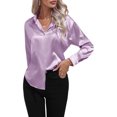 thumbnail image 2 of Sexy Dance Chemises pour Femmes Blouse à Revers Tunique Boutonnée Hauts Chemise en Satin Manches Longues Violet 2TG, 2 of 5