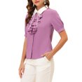 thumbnail image 4 of INSPIRE CHIC Women's Contrast Collar Tie Ruffle Front Button Short Sleeve Work Shirt XS Purple, 4 of 6