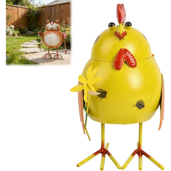 Whimsical Metal Cat Garden Statue with Flower Yellow, Cute Outdoor Cat Yard Art, Weather Resistant Cat Sculpture for Lawn Patio Porch