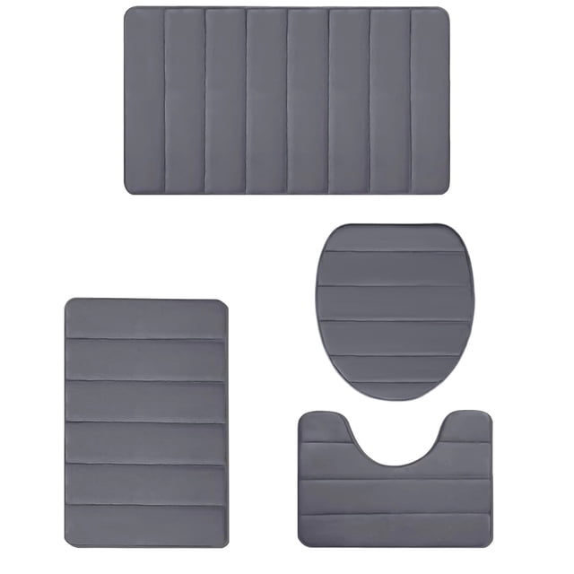 Rbaofujie Area Rug Memory Foam Bath Mat 4 Set, featuring four dark gray bathroom mats made of velvet fleece and memory foam. Includes a 24x16 inch bath mat, 20x16 inch toilet mat, 15x17 inch square mat, and a toilet seat cover with straps. Designed for water absorption, non-slip backing, and machine washability. Suitable for kids' bathrooms and other spaces.
