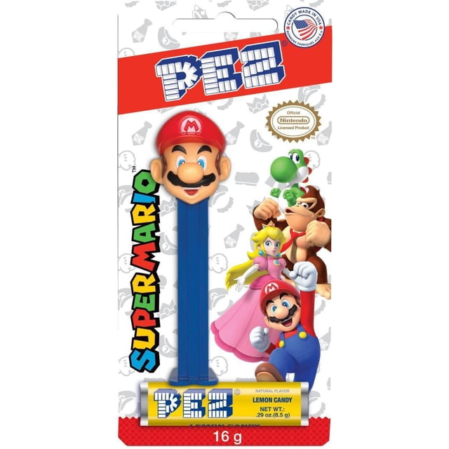 Pez Nintendo Super Mario candy dispenser with a blue stem and Mario head wearing a red hat with an M emblem, packaged with a yellow lemon-flavored Pez candy refill, officially licensed by Nintendo and made in the USA, ideal for party favors or collectibles.