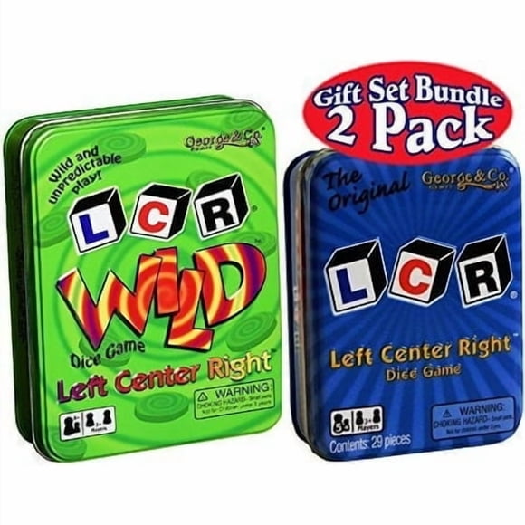 Jeu de dés LCR (Centre Gauche Droit) en Boîte Bleue et Ensemble-Cadeau LCR de dés Sauvages en Boîte Verte - Lot de 2