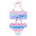 thumbnail image 4 of TiaoBug Girls 2 Pcs Mermaid Bikini Sets Shiny Halter Ruffles Crop Top with Triangle Brief Bathing Suit Tankini Pink&Blue 120, 4 of 5