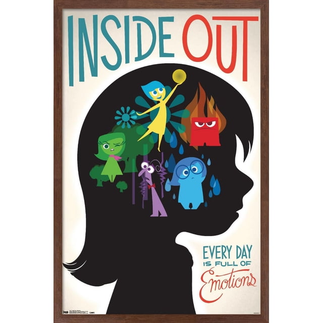 Disney Pixar Inside Out - Emotions Affiche Murale, 14,725 Pouces x 22,375 Pouces, art Mural Encadré Présentant une silhouette Noire de la Tête d'Un Enfant Remplie de Personnages Colorés Représentant Emotions : Joie Jaune Tenant une Orbe Lumineuse, Colère Rouge avec des Flammes, Tristesse Bleue avec des Gouttes, Dégoût Vert Clin d'Oeil, et Peur Violette aux Grands Yeux, sur un Fond Blanc avec Texte « Inside Out' au-Dessus