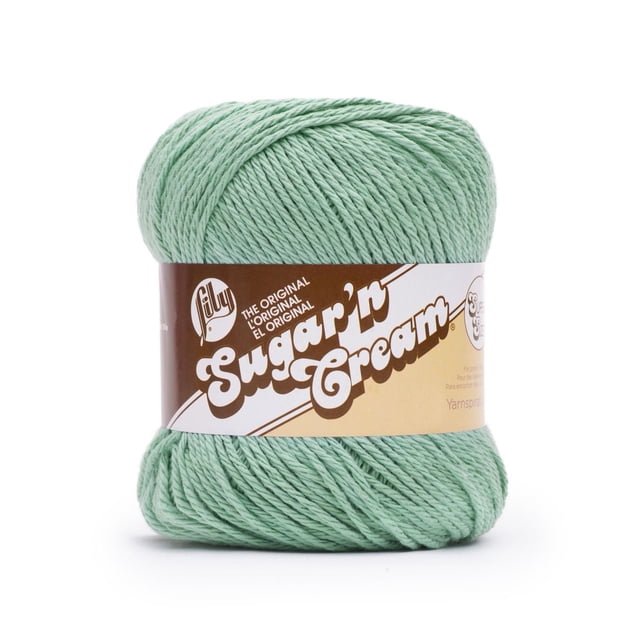 Lily Sugar'n Cream® Super Size Yarn, Cotton #4 Medium, 4oz/113g, 200 Yards, light green 100% USA-grown cotton yarn ball with a brown and cream label, worsted weight yarn suitable for knit and crochet home and kitchen decor projects, machine washable and dryable.