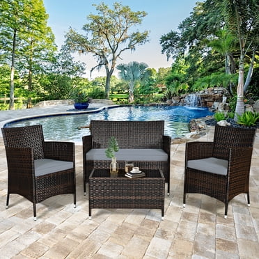 Gymax 4PCS Patio Rattan Conversation Furniture Set Outdoor w/ Grey Cushion