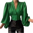 thumbnail image 1 of CEHVOM Women Spring Casual Solid V Neck Lantern Long Sleeve Buttons Pullover Blouse Shirt Draw Back Short Tops, 1 of 5