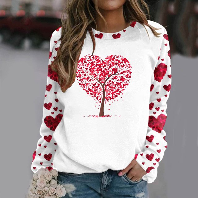 Qertyioot T-Shirt Graphique pour Femmes de la Saint-Valentin à Manches Longues, Blouse Ample Imprimée Mode à Col Rond, Hauts Décontractés