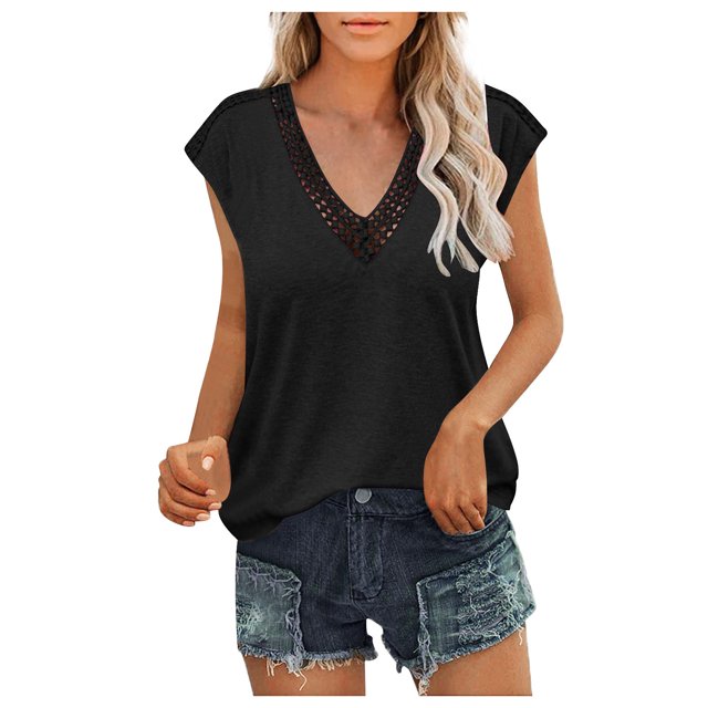 Birdeem Womens Summer Solid Color Sleeveless Blouses Summer Lace V Neck T-Shirts Tops