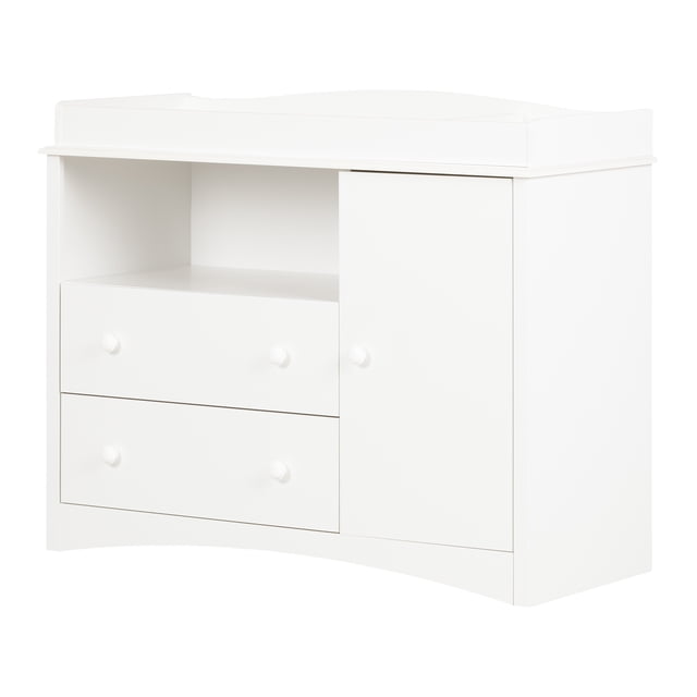 South Shore Peek-a-boo Changing Table with Drawers and Open Storage in pure white, featuring a fixed rim top with rounded edges for baby safety, two drawers with small wooden knob handles, an open shelf, and a cabinet with an adjustable shelf behind the door for organized nursery storage.