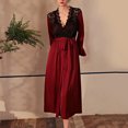 thumbnail image 2 of Penkiiy Womens Long Robe Satin Lace Nightgowns Soft Ruffle Sleeve Bathrobe M Wine, 2 of 9