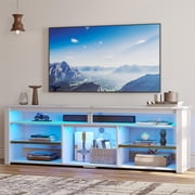 Bestier 70" TV Stand for 75" TV with LED Light Modern Tall Entertainment Center with Shelves for PS5, White Marble