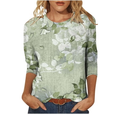 KIHOUT Womens Spring Shirts Ladies Fashion Printed Loose T-shirt 3/4 Sleeves Blouse Round Neck Casual Tops
