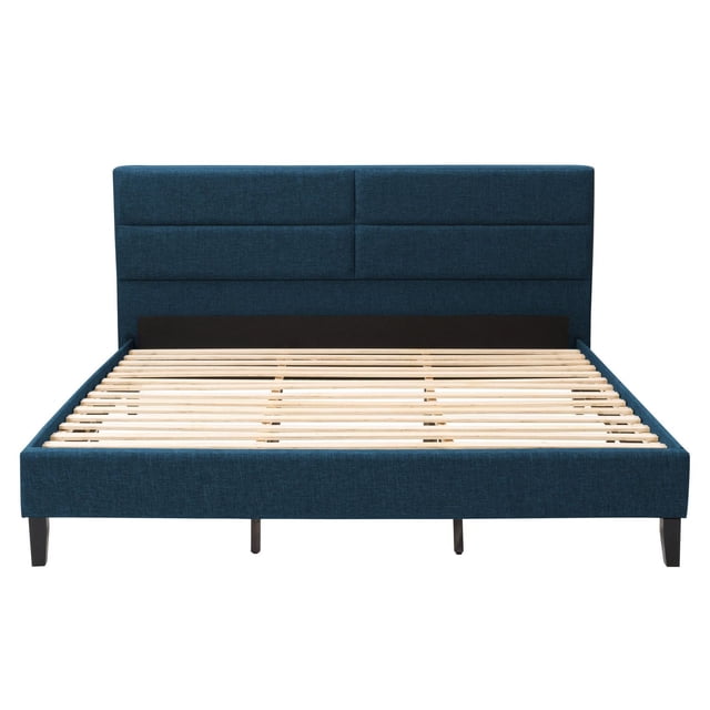 CorLiving Bellevue Upholstered Adult King Bed Frame with Slats and Rectangle Tufted Headboard in blue fabric, front-facing view showing wooden slats and black solid wood legs, low-profile platform design supports king size mattress without box spring, ideal for modern adult bedrooms