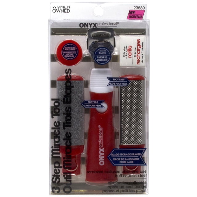Onyx Professional 3 Step Miracle Foot Tool in clear packaging with a red and white handle featuring a callus shaver razor attachment labeled 'Cornplane', foot rasp, and foot file, plus a box of 10 replacement blades, designed to remove calluses after one use and buff and polish feet for smooth skin.