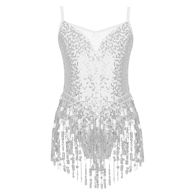 TSSOE Robe de Danse Latine à Franges et Sequins pour Filles Justaucorps Patinage Artistique Tango Rumba Samba Costume de Danse Argent 6