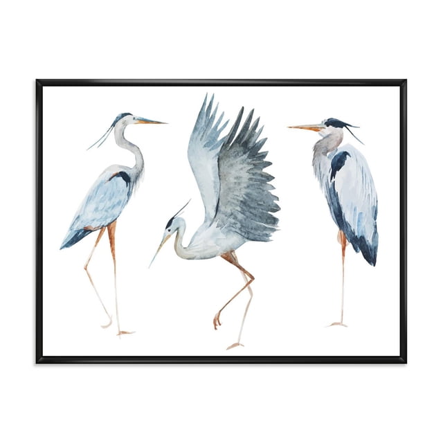 Designart Hérons II Cadre Flottant ART Mural Représentant Trois Hérons Bleus en Différentes poses sur Toile de Coton Blanche de Qualité Supérieure, Imprimé avec Encre Résistante à la Décoloration et Enveloppé dans une Galerie sur un Cadre Flottant en Bois Noir de 1 Po, Prêt à Accrocher et Adapté pour Rehausser la Déco de la Maison.