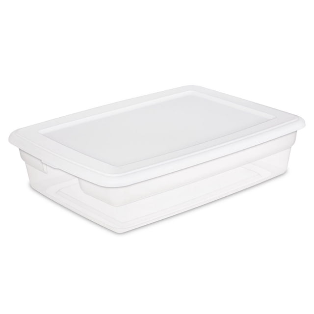 Sterilite 27 Liter White Storage Box with clear base for easy content identification, opaque white snap-on lid, recessed handles, and stackable indexed surface, ideal for organizing household items and suitable for under-bed storage.