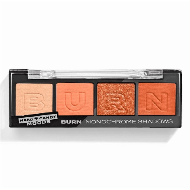 Hard Candy,Moods Shadow Palette, 4 Teintes Monochromatiques Audacieuses et Modulables, BURN, 0,10 Oz, une Palette d'Ombres à Paupières Rectangulaires Noires avec un Couvercle Transparent Affichant Quatre Teintes orange Chaud du Pêche Mat au Cuivre Scintillant, Chacune Embossée des Lettres B, U, R, N, Conçue pour une Tenue Longue Durée, Sans Plis et des looks d'Yeux Monochromes Polyvalents.