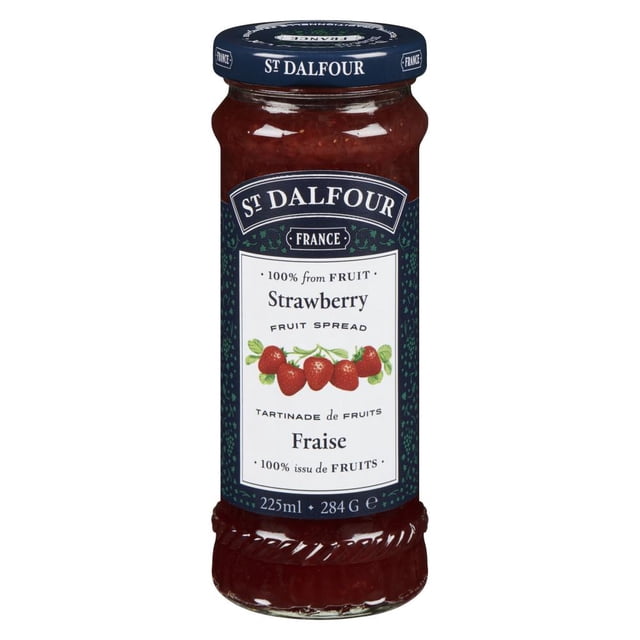St. Dalfour Strawberry Spread in a clear glass jar with navy blue lid and label featuring strawberries, 100% fruit spread made in France, all-natural and sweetened with fruit juice concentrate, 225 ml (284 g), suitable for toast, yogurt, or dessert use.