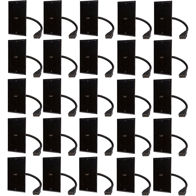 Buyer's Point HDMI Wall Plate with 6-Inch Pigtail Built-In Flexible Hi-Speed HDMI Cable with Ethernet, 2-Piece Decora, Single Outlet Port Insert, Perfect for Home Theater Systems Pack of 25 black