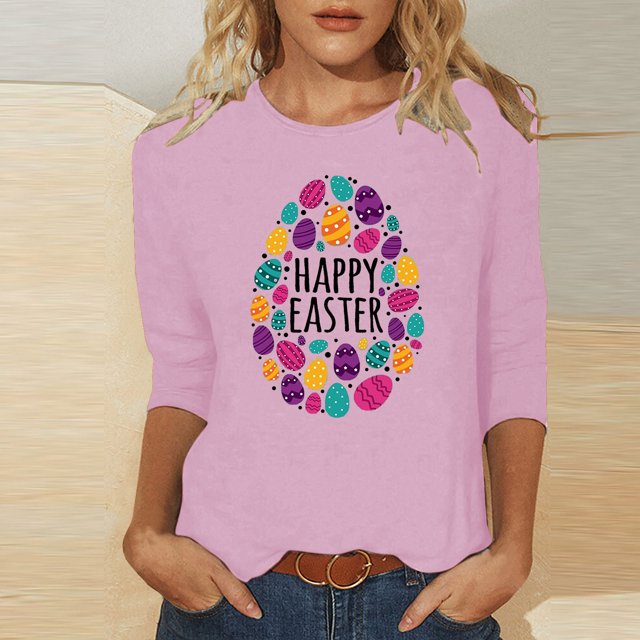 EGNMCR Easter Chemise Imprimée T-Shirts Graphiques pour Femmes Mode Décontractée de Noël Col Rond Imprimé Blouse Manches 3/4 T-Shirt Blouses T-Shirt pour Femmes