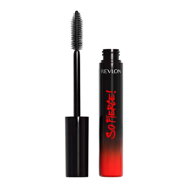 Revlon So Fierce! Length and Volume Mascara, 24hr Wear, 7mL, featuring an open black and red gradient tube with a molded tapered wand of 252 multilayered bristles that comb and lift lashes from root to tip for voluminous length without clumping or smudging, ideal for all-day wear.