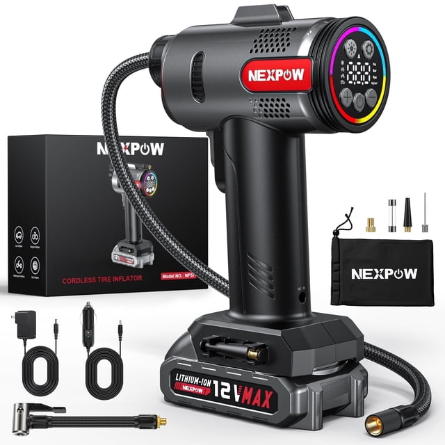 NEXPOW Tire Inflator Portable Air Compressor, a 160PSI car tire air pump with dual power supply, shown in a front-facing view. The black ergonomic design features a digital display, LED flashlight, and built-in safety lock. Accessories include multiple nozzles, air hoses, a storage bag, a 3m cigarette lighter cable, and an adapter. The product is displayed alongside its packaging, highlighting its cordless and 12V vehicle power options.