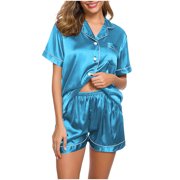GDREDA Pajamas Set for Woman Silk Pajamas Womens Short Sleeve Sleepwear Soft Satin Button Down Loungewear 2 Piece Shorts Set Women Pajama Sets pyjamas Blue,S