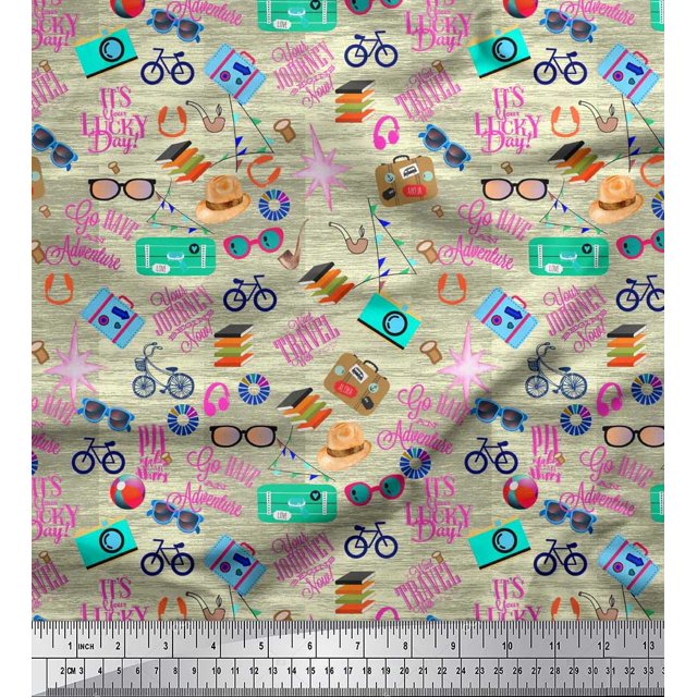 Soimoi Polyester Crepe Fabric Camera,Hat & Briefcase Travel Decor Fabric Printed Yard 42 Inch Wide