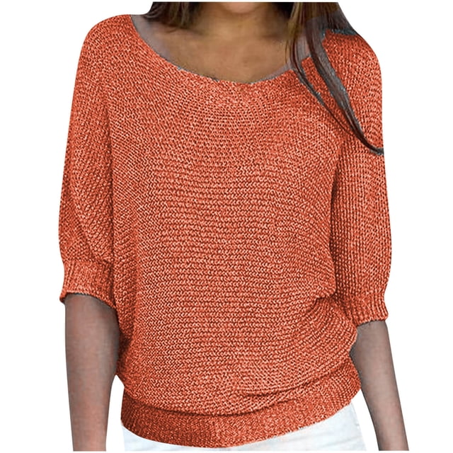 Mrat Cardigans pour Femmes Chandails à Col Rond Chandails en Tricot Chandails pour Filles Chandail en Tricot Torsadé Chandail Confortable à Manches 3/4 pour Femmes Chemise Orange G